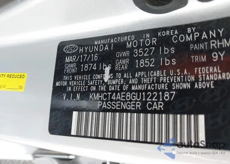 2016 Hyundai Accent Se z USA, uszkodzony, nr VIN KMHCT4AE8GU122187